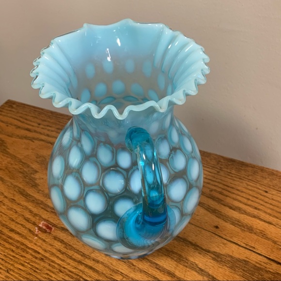 Vintage Opalescent Blue Coin Dot Ruffled Pitcher Collectible Glass - Picture 4 of 11